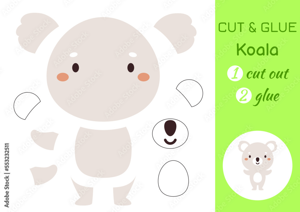 Fototapeta premium Cut and glue paper little koala. Kids crafts activity page. Educational game for preschool children. DIY worksheet. Kids art game and activities jigsaw. Vector stock illustration