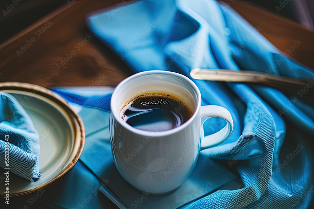photo a close up of a cup of coffee on a tray,winter blue drapery, and coffee on a napkin, blue mood - AI Generated