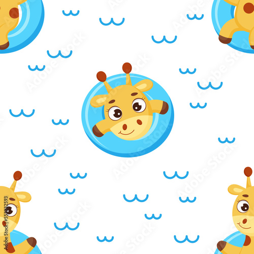 Cute little giraffe floats on blue circle seamless childish pattern. Funny cartoon character for fabric, wrapping, textile, wallpaper, apparel. Vector illustration
