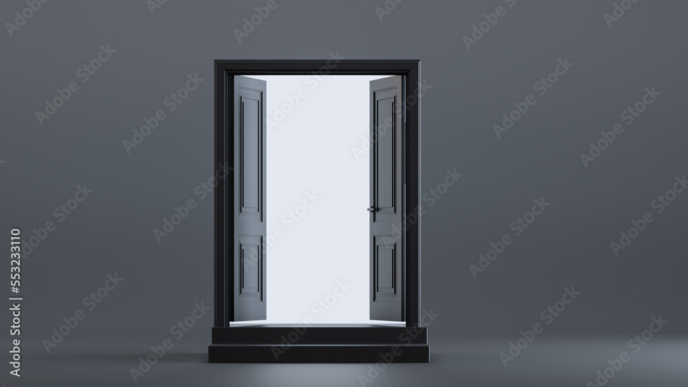 3D render of Open black door with light going through in dark grey room, 3D render of Open black door with light going through in dark grey room,