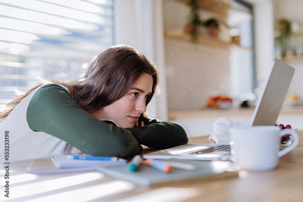 Portrait of bored woman with laptop, homeoffice concept.