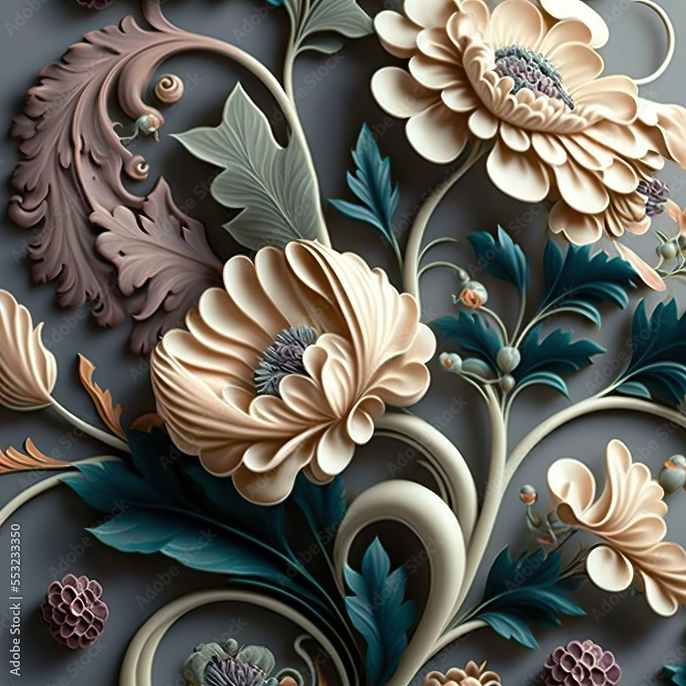 Beautiful flowers with swirls like porcelain-made, muted colors, luxury, business, awesome bouquet, illustration, generative ai