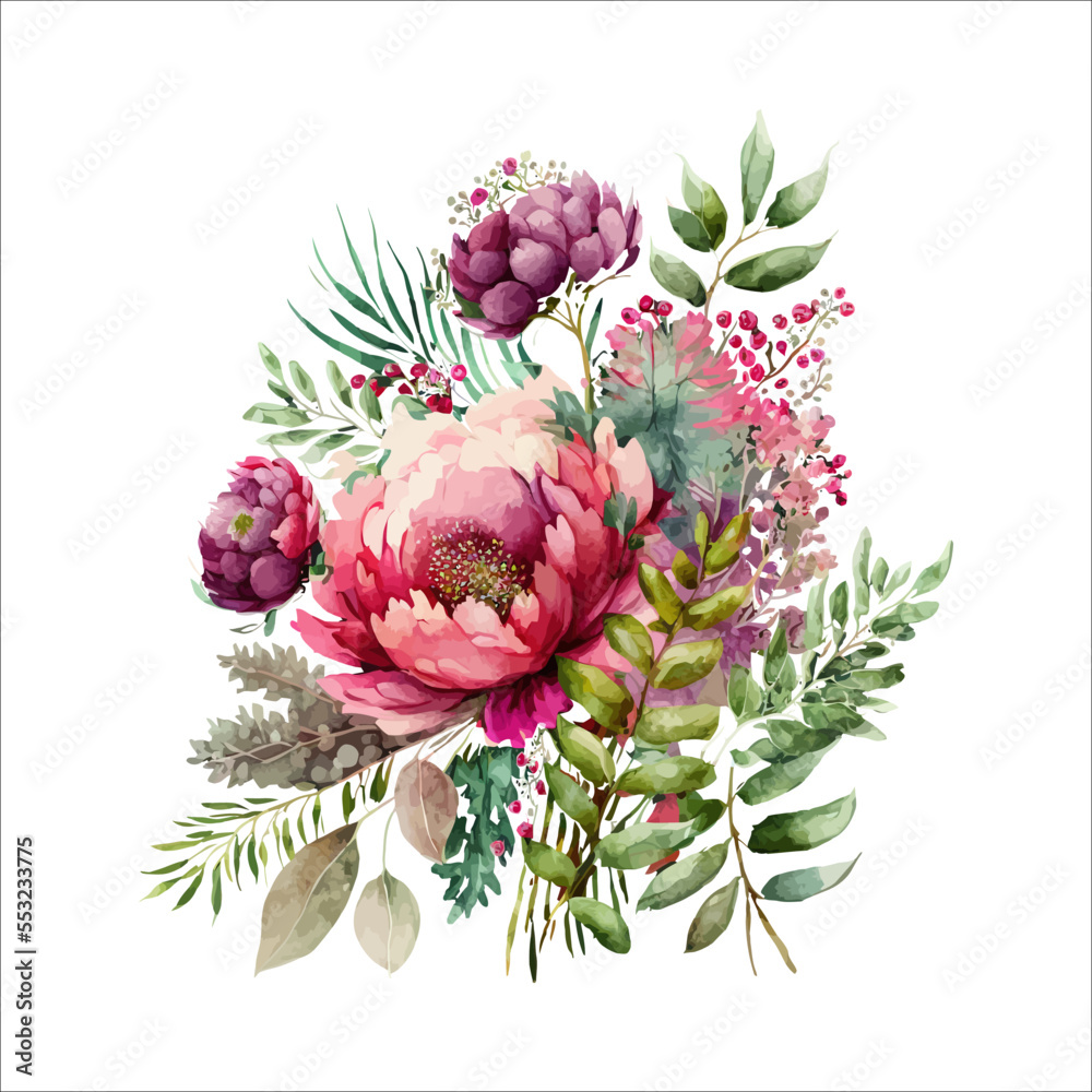 Watercolor floral bouquet - illustration with bright pink vivid flowers ...