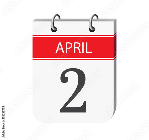 2 april calendar page vector. 3d one day calendar date appointment, deadline, event reminder illustration. Abstract three dimensional daily date calendar. 