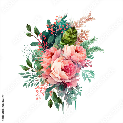 Watercolor floral bouquet - illustration with bright pink vivid flowers. Decorative elements template. Flat cartoon illustration isolated on white background