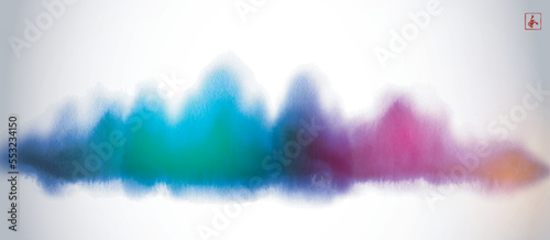 Dreamy landscape with misty rainbow forest. Traditional oriental ink painting sumi-e, u-sin, go-hua. Translation of hieroglyph - harmony