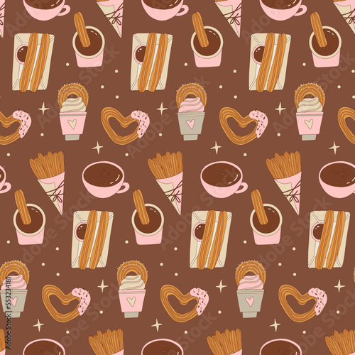 Seamless pattern with latin american churros. Mexican or Spanish traditional dessert. Churros on chocolate background. Traditional Mexican pastries. Endlessly repeating churros. Vector illustration.