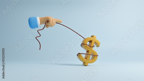 3d Businessman pulling golden dollar fall, tame inflation down by interest rate hike, economic risk or investment bubble concept. Investment risk in stock market or financial assets concept. 3d render photo