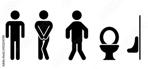Funny cartoon Stick figures or stickman and toilet logo. Restroom or bathroom for running man or woman to peeing. Human toilets. Vector clipart clean WC pictogram. Human toilets icon or sign. 