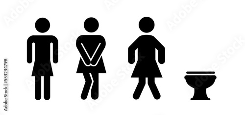 Funny cartoon Stick figures or stickman and toilet logo. Restroom or bathroom for running man or woman to peeing. Human lady toilets. Vector clipart WC pictogram. Human female toilets icon. 