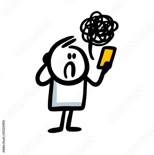 A frustrated man looks at his phone and hears abusive language.