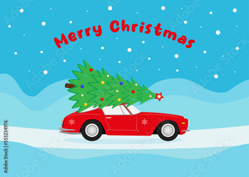 Merry Christmas and New Year design. Christmas car with New Year tree. Color vector illustration in cartoon flat style.