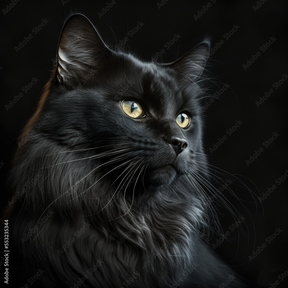 Gorgeous black Norwegian Forest cat, isolated on black background, digital art