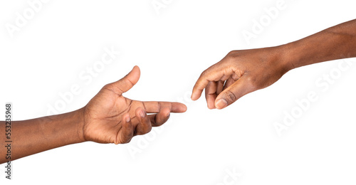 Hands reaching out to help or give. Two male hands trying to touch like in the creation of Adam isolated on white or transparent background