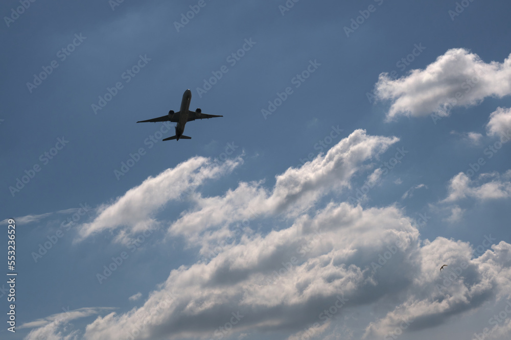 Fototapeta premium Airplane flying over blue sky and clouds