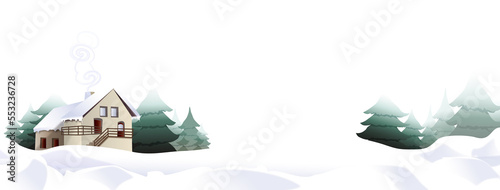 chalet de montagne dans la neige et forêt de sapins sur fond transparent