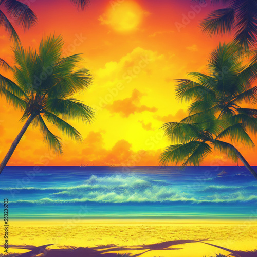 AI Generated Sunset Tropical Beach Illustration