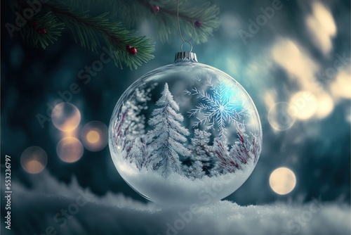 Winter Christmas glass balls with a frosty pattern on a Christmas tree with a natural pattern. Glass ball, snow, Christmas trees, frost, holiday decorations, balls. AI