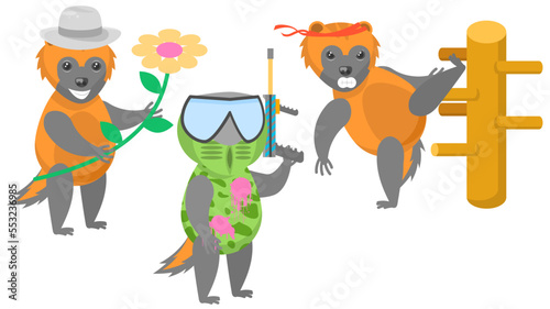 Wallpaper Mural Set Abstract Collection Flat Cartoon Different Animal Wolverines With Flower And Hat, Playing Paintball, Training On A Wooden Mannequin Vector Design Style Elements Fauna Wildlife Torontodigital.ca