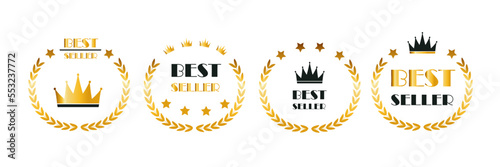 Set of badge best seller, best choice, best price, best quality. Gold logo design with wreath laurel. Vector illustration eps 10