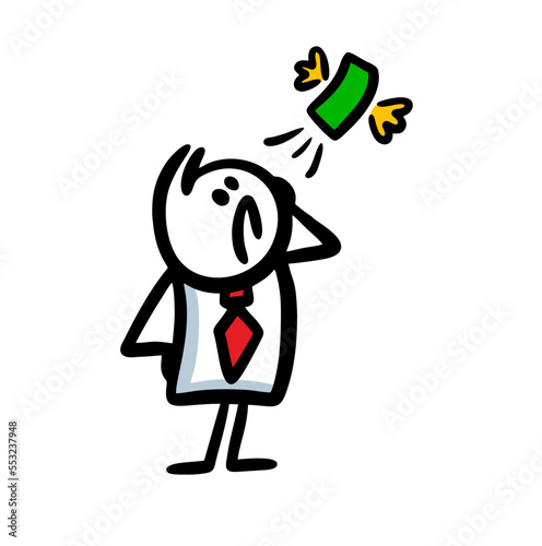 A frustrated businessman looks up anxiously as his money flies away.