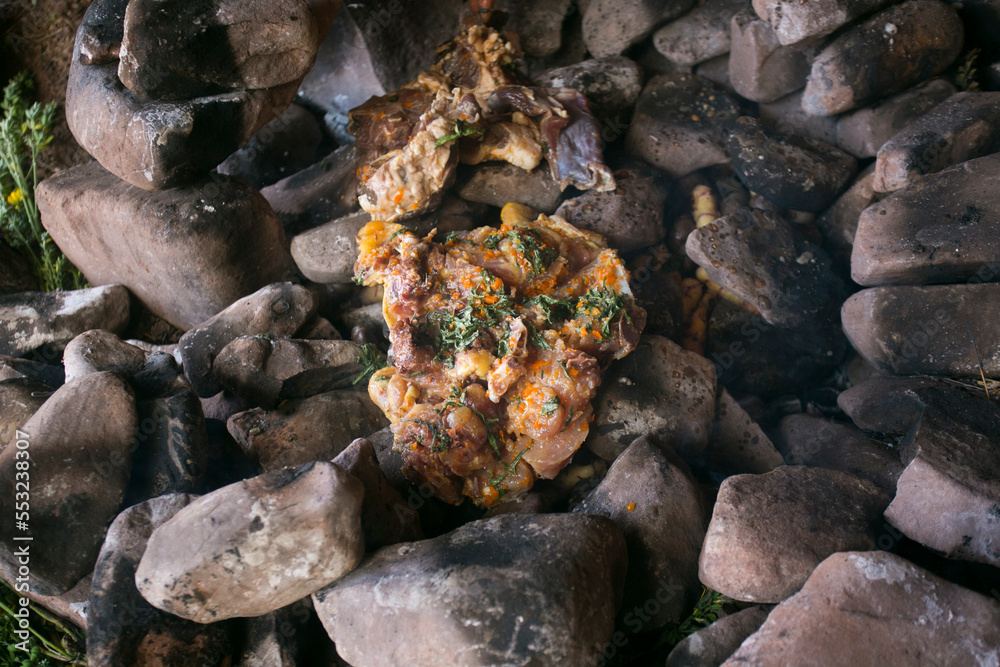 In the pachamanca ceremony, lamb, alpaca, pork and beef are cooked. Also variety of tubers and vegetables. All under hot stones and covered with earth. In the pachamanca ceremony, lamb, alpaca, pork and beef are cooked. Also variety of tubers and vegetables. All under hot stones and covered with earth.
