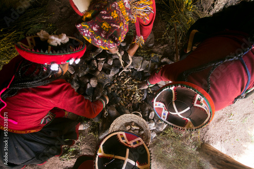 Variety of Peruvian potatoes. In the pachamanca ceremony, lamb, alpaca, pork and beef are cooked. Also variety of tubers and vegetables. All under hot stones and covered with earth.