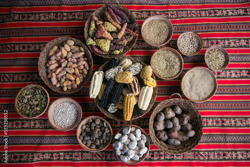 Variety of Peruvian potatoes. In the pachamanca ceremony, lamb, alpaca, pork and beef are cooked. Also variety of tubers and vegetables. All under hot stones and covered with earth.