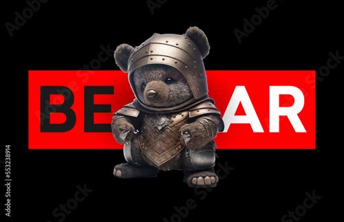 A cute little bear in the iron armor of a knight with a sword in his paws. Vector illustrator