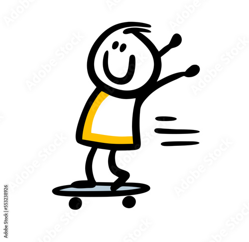 A reckless boy on a skateboard rides fast with his arms outstretched cheerfully to the sides.