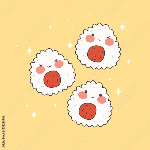 Cute onigiri set with smiling face and pink cheeks. Kawaii onigiri. Japanese traditional cuisine dishes. Stock vector illustration.