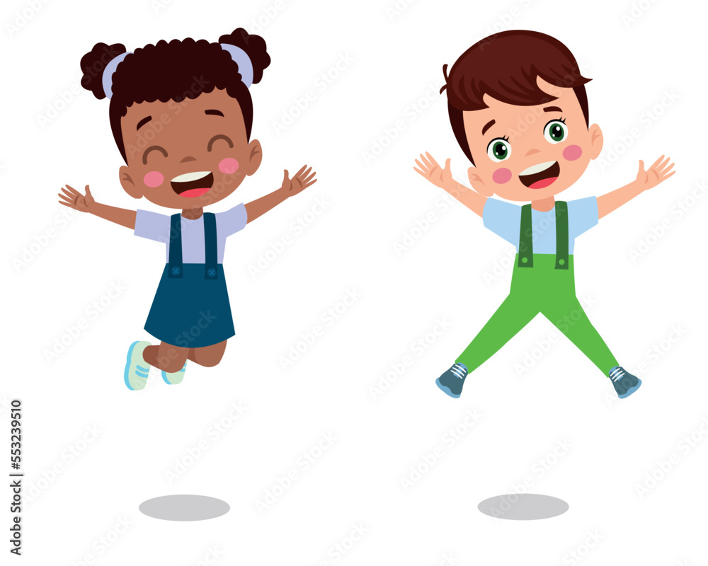 Jumping kids. Happy funny children playing and jumping in different action poses education little team vector characters. Illustration of kids and children fun and smile Jumping kids. Happy funny children playing and jumping in different action poses education little team vector characters. Illustration of kids and children fun and smile