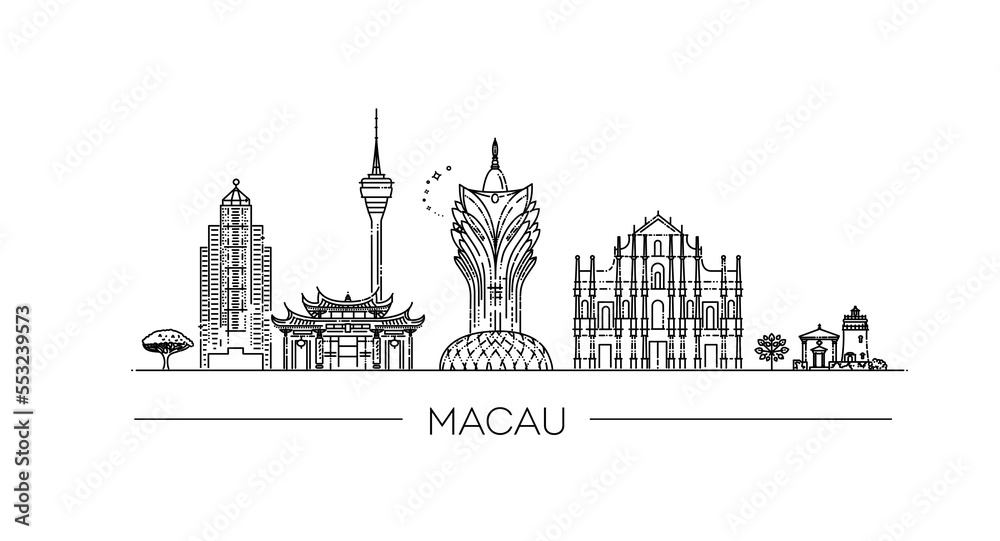 Macau architecture line flat skyline illustration. China