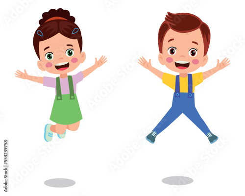 Jumping kids. Happy funny children playing and jumping in different action poses education little team vector characters. Illustration of kids and children fun and smile