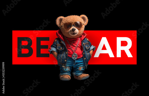 The bear is standing in a red sweater with a gold chain around his neck, blue jeans and sunglasses, sneakers on his feet. Vector illustration