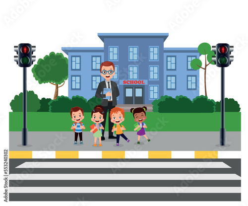 Cute school kids with backpacks waiting for stop sign at pedestrian traffic light to cross at pedestrian crossing on their way to school