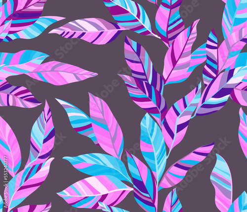 Striped leaves tree branches vector seamless pattern summer fasion textile pr...