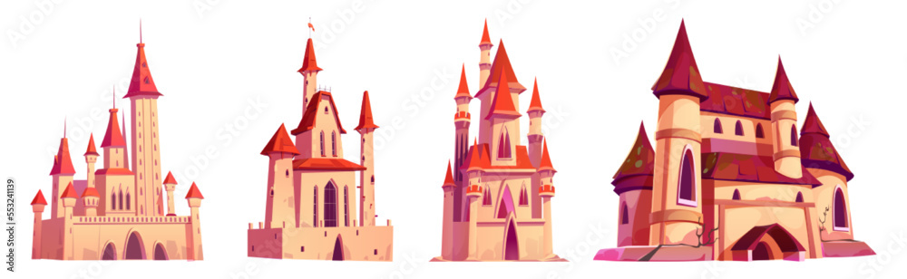 Medieval castles, palaces with turrets, flags, arched windows and gates. Fantasy magic, princess or fairy royal fortress, antique architecture isolated on white background, Cartoon vector illustration