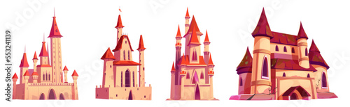 Medieval castles, palaces with turrets, flags, arched windows and gates. Fantasy magic, princess or fairy royal fortress, antique architecture isolated on white background, Cartoon vector illustration