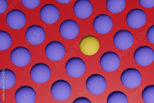 Top view of yellow 3d render pattern balls on isolated purple background.3d render background
