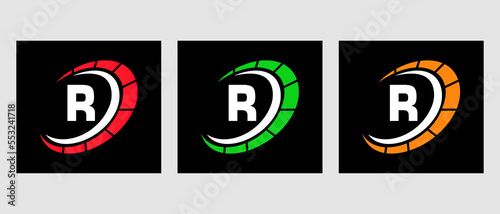 Letter R Car Automotive Logo For Cars Service, Cars Repair With Speedometer Symbol