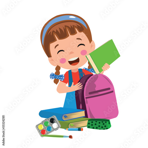 happy cute kid boy prepare bag for school