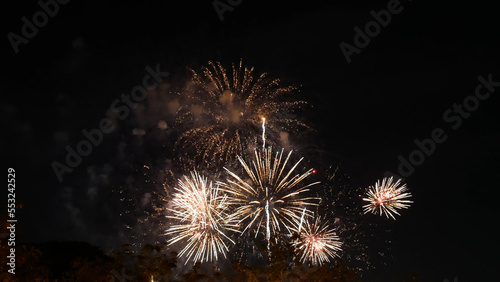 Golden Firework celebrate anniversary independence day night time celebrate national holiday. Countdown to new year 2023 party time event. Happy new year 2023, 4th of july holiday festival concept