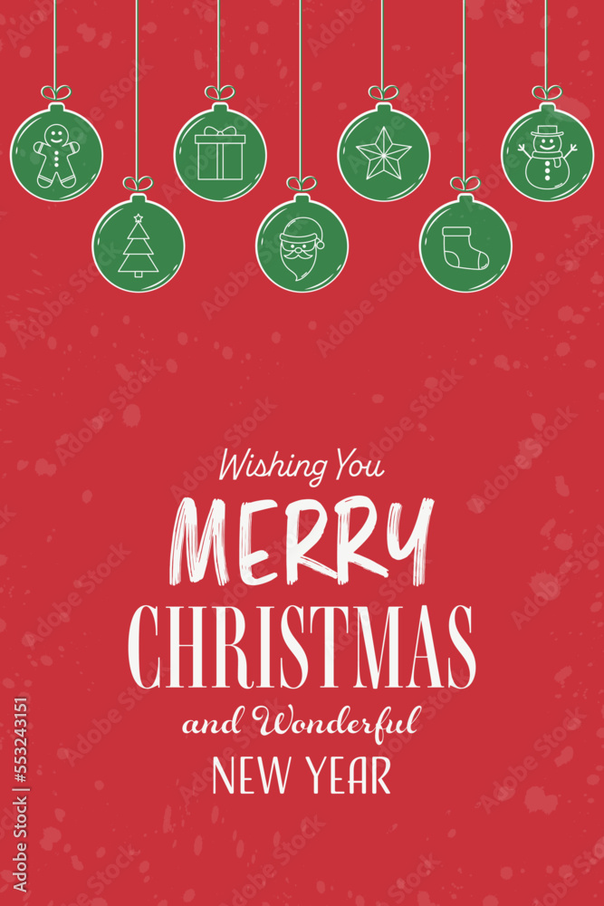 Merry Christmas and Happy New Year - hanging Christmas baubles. Vector illustration