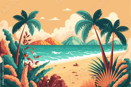 tropical summer beach ocean sunset and sunrise view cartoon vector illustration