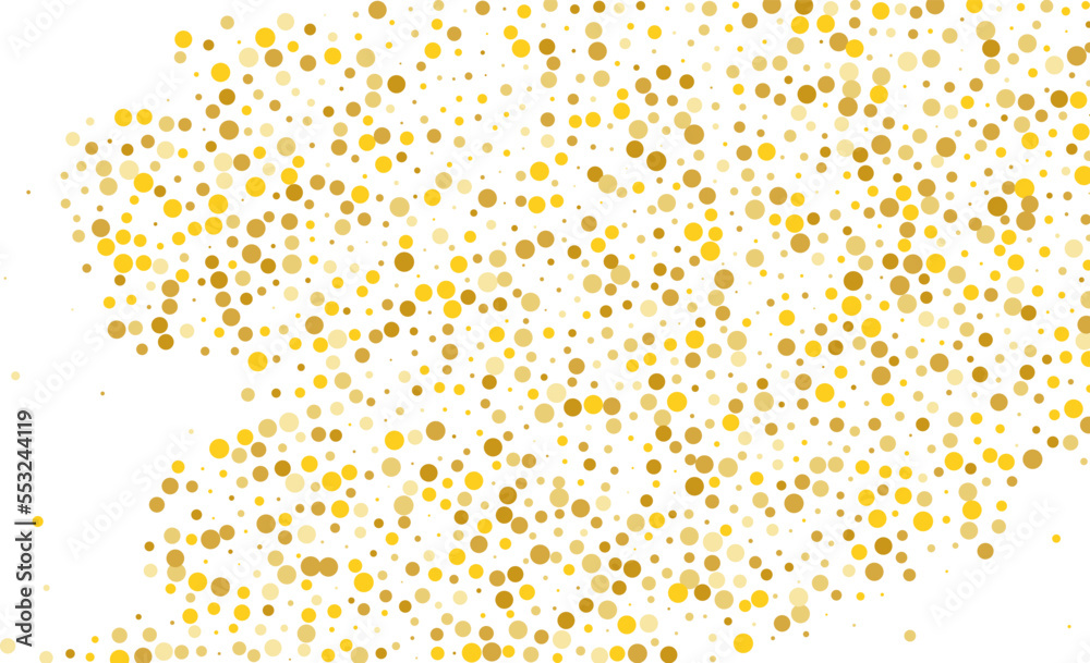 Scattered Golden glitter, confetti on white background. Gold polka dots, circles, round. Bright festive, festival pattern for party invites, wedding, cards, phone Wallpapers. Vector illustration