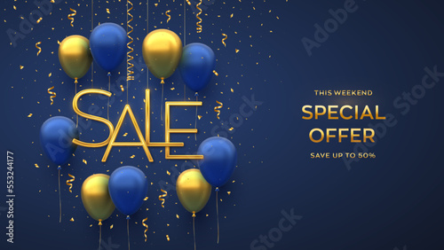 Sale design banner template. Hanging Golden metallic Sale letters with 3D festive helium balloons and falling confetti on blue background. Advertising poster or flyer. Realistic vector illustration.
