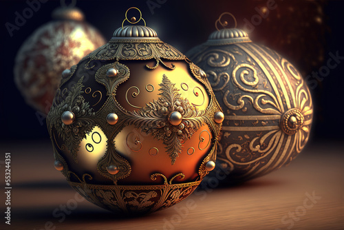 Wallpaper Mural Beautiful majestic antique toy Christmas tree balls. Festive jewelry made of precious metals.Evening holiday lights of Christmas and New Year. Antique patterns on metal balls. AI Torontodigital.ca