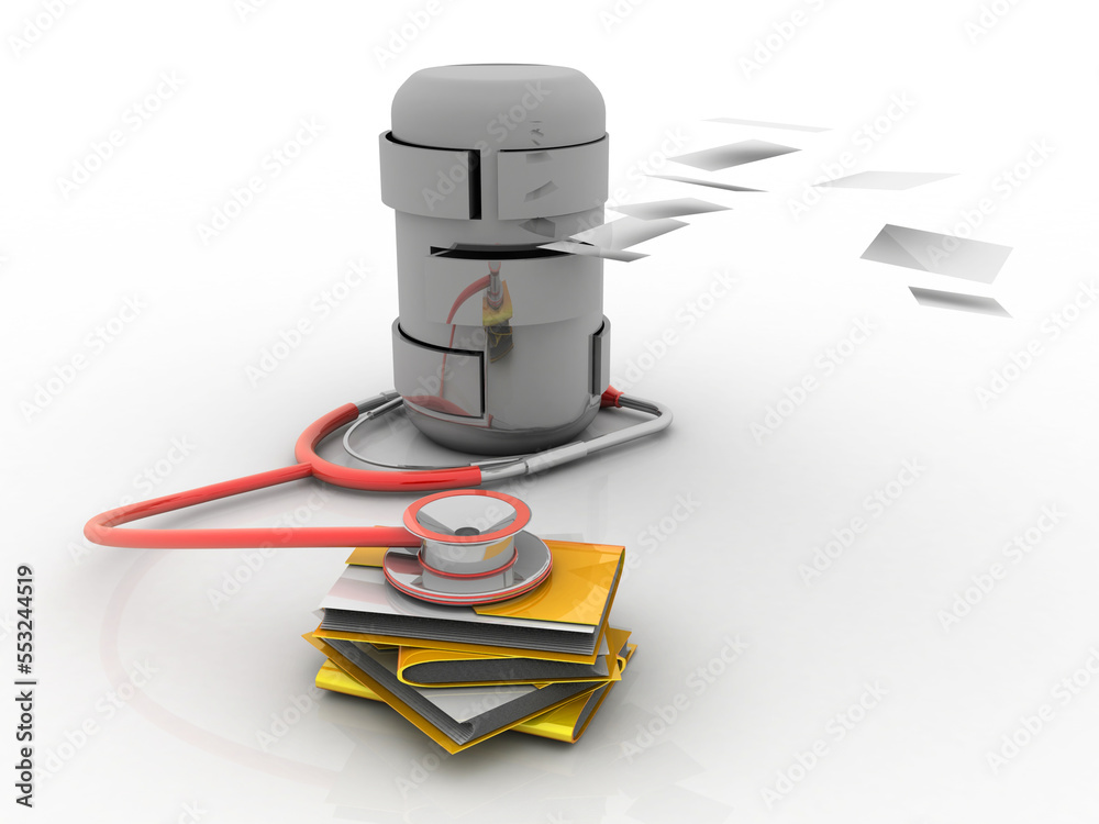 Obraz premium 3d rendering Folder connected to database connected stethoscope