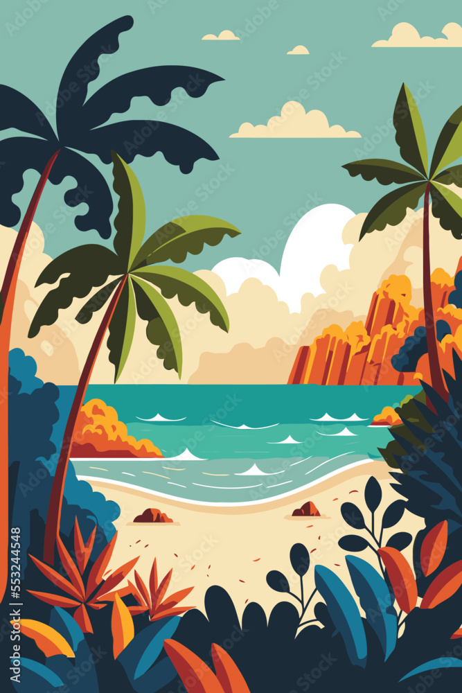 tropical summer beach ocean sunset and sunrise view cartoon vector illustration